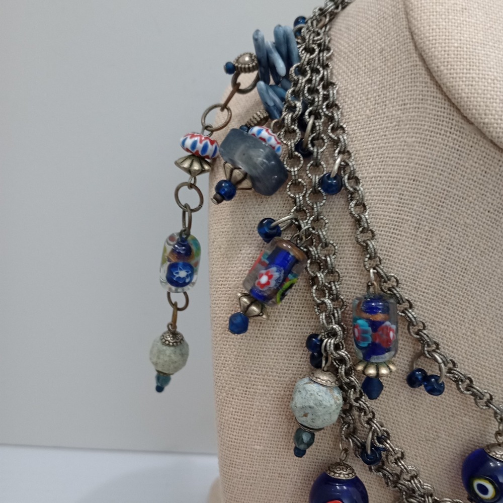 Treska Multi Strand Blue Glass Charm Necklace Silver Tone Signed - Picture 3 of 9